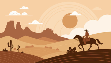 Naklejka premium Man Riding Horse Desert Landscape Sunset.