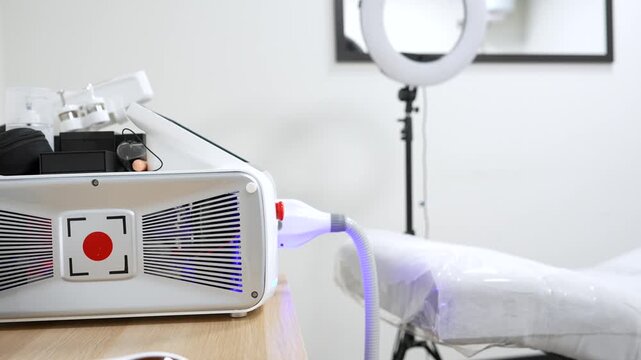 Modern aesthetic medicine clinic with professional laser equipment and safety goggles prepared for a tattoo removal procedure, showcasing the advanced technology used for skin treatment
