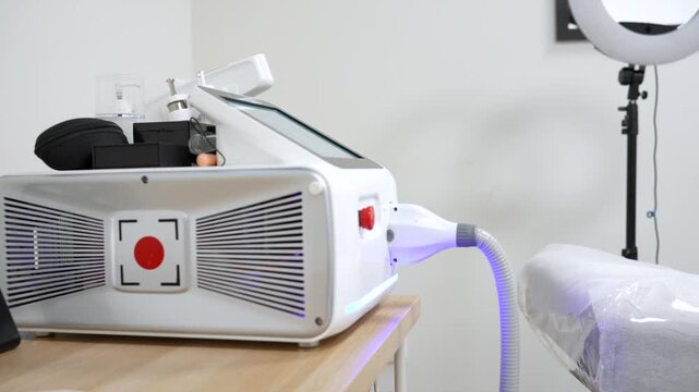 Specialized laser machine for tattoo removal and skin rejuvenation sitting on a table in a modern dermatology clinic, with protective glasses ready for the aesthetic medicine procedure