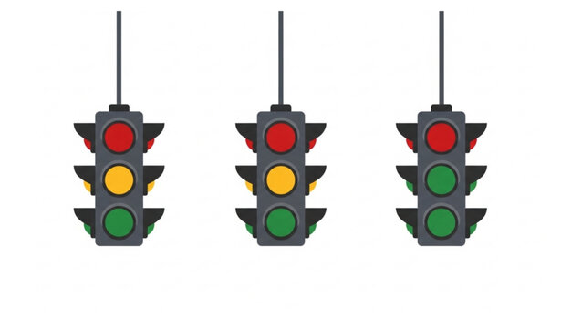 Traffic light vector set with red yellow green signals flat hanging stoplight icons isolated on white