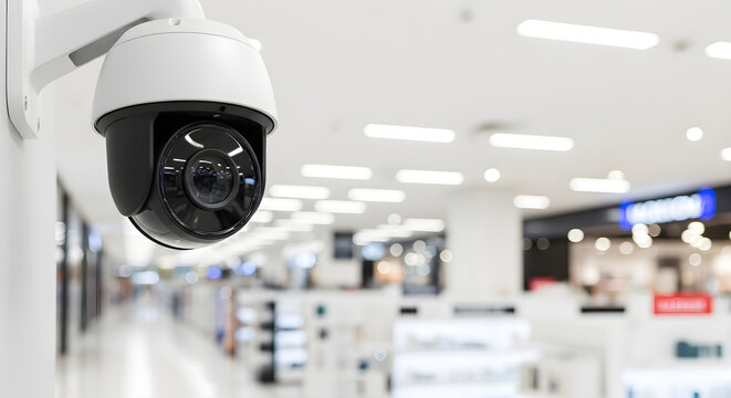 Advanced Security Surveillance with Modern Dome CCTV Camera in a Bright Retail Shopping Mall for Loss Prevention.