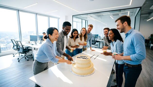 diverse business teams celebrating a birthday with cake cutting in a modern open office workspace