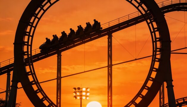 Roller coaster vertical loop silhouetted against orange sunset amusement sky