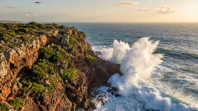Aerial view of rugged cliff and violent ocean waves delivering breathtaking natural coastal panorama visually