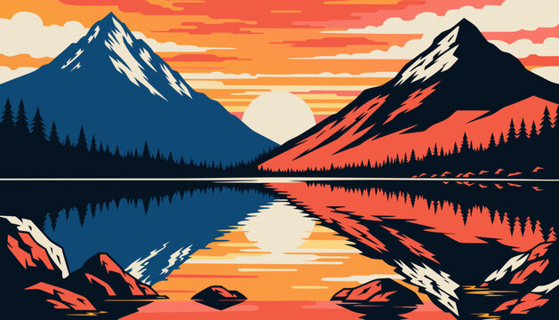 Vintage retro mountain landscape travel poster vector
