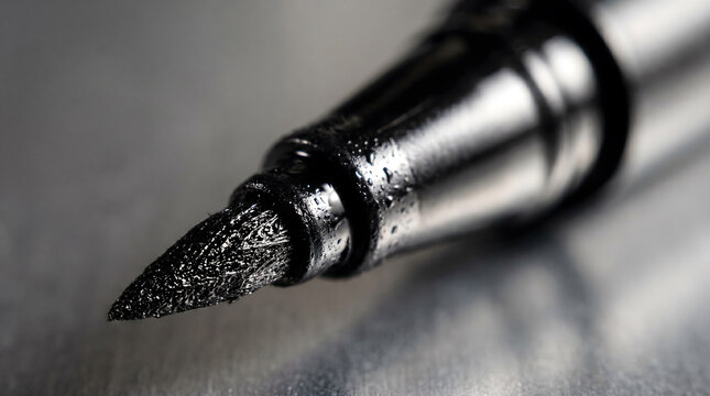 Close-up of black kohl eyeliner tip with precision applicator in soft lighting