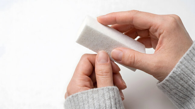 Hand holding gray foam buffer block for car polishing and detailing