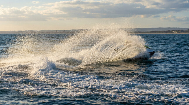 Jet ski carving dynamic wake across ocean with sun glinting off water droplets energetically captured