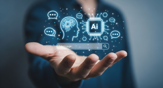 Advanced Artificial Intelligence Concept with Hand Holding Glowing Digital Brain and Chip Icons for Technology Blogs and Business Presentations.