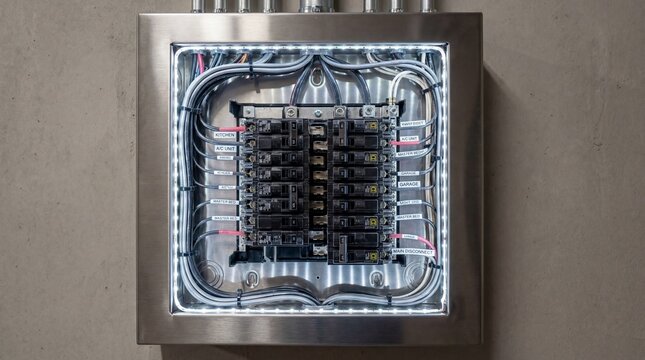 Electrical breaker box neatly labeled in clear sans-serif font showcasing organized professional electrical setup