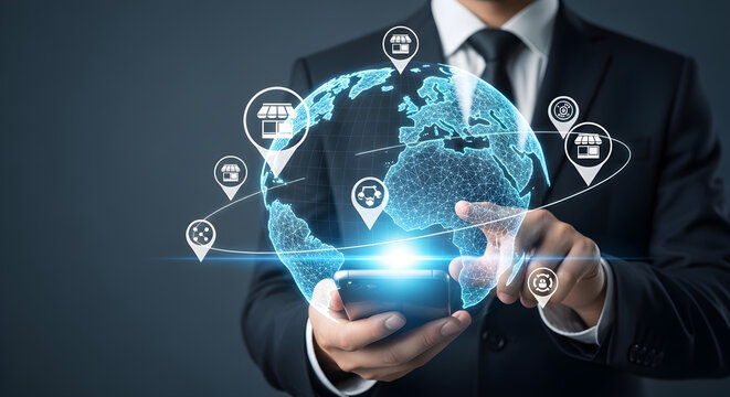 Global Business Connectivity Businessman holding a smartphone with a digital globe and store location icons for e-commerce and international trade marketing.