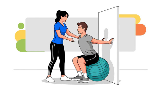 Physical therapist guides patient doing wall squat with exercise ball for rehabilitation and fitness