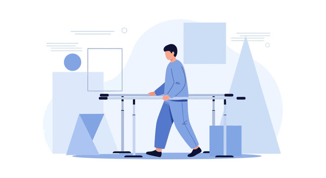 Physical therapy patient walking with parallel bars for rehabilitation and recovery