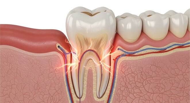 Detailed Dental Illustration of Periodontitis Showing Gum Recession and Exposure of Tooth Roots