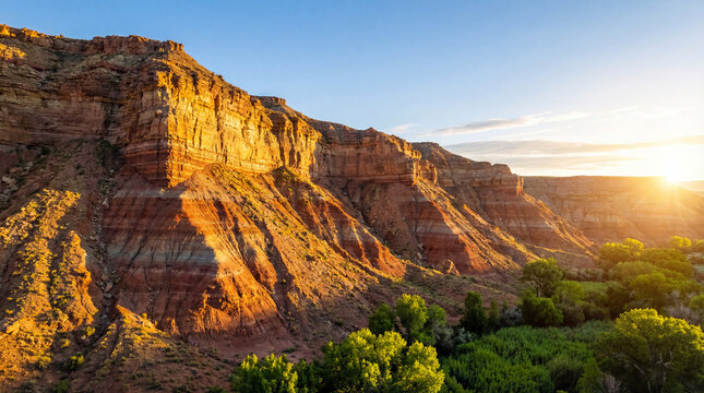 Morning cliff with bright sunlight highlighting layered rocks and warm golden glow across rugged terrain