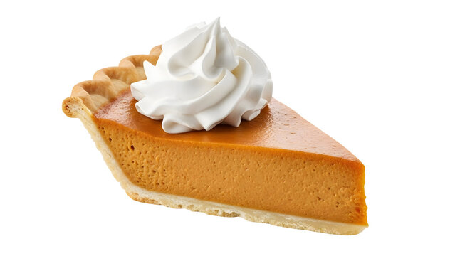 Slice of pumpkin pie with whipped cream topping as transparent PNG