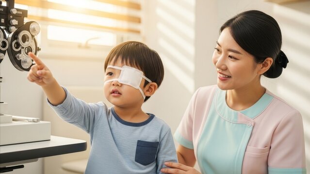 Medical - Asian Child with Eye Patch Pointing at Phoropter During Vision Test with Smiling Female Nurse