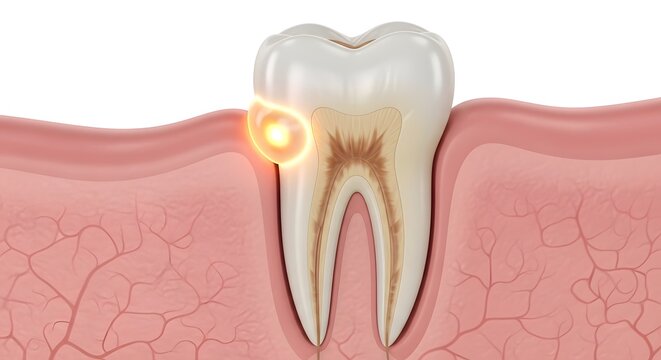 Close-Up Educational Visualization of Dental Abscess with Pus Pocket Formation in Tooth Root Area Non Graphic Clinical Concept