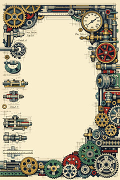 Vintage Industrial Machinery Engineering Border with Mechanical Gear Systems and Drafting Elements