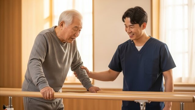 Rehabilitation - Asian Elderly Man Walking Between Parallel Bars with Smiling Male Nurse Support in Therapy Room
