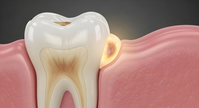 Detailed Dental Illustration Showing Tooth Abscess with Visible Pus Accumulation in Gum Tissue Non Graphic Medical Concept