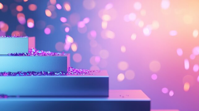 competitive Podium (1st, 2nd, 3rd place) A close up of the podium steps with confetti and celebratory decorations, symbolizing victory celebrations, the excitement of winning, and the recognition of
