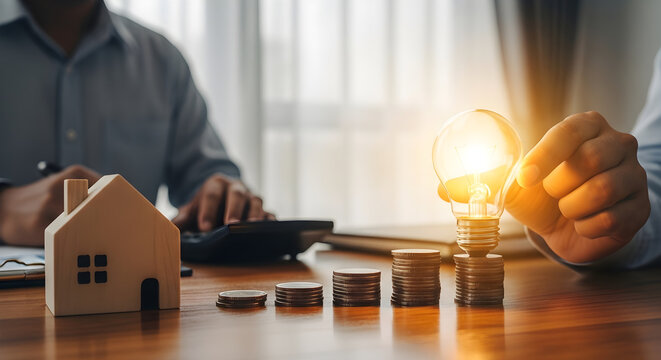 Smart Financial Planning with Hand Holding Glowing Light Bulb Over Stacks of Coins and House Model for Real Estate Investment.