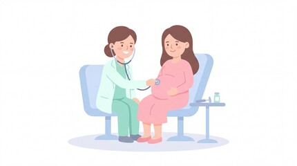 Obraz premium Pregnant Woman Prenatal Checkup Doctor Listening Fetal Heartbeat in Clinic Healthcare Illustration