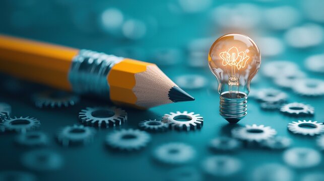 Pencil with Light Bulb A pencil and light bulb surrounded by gears and cogs, symbolizing the mechanics of innovation and creative problem solving.