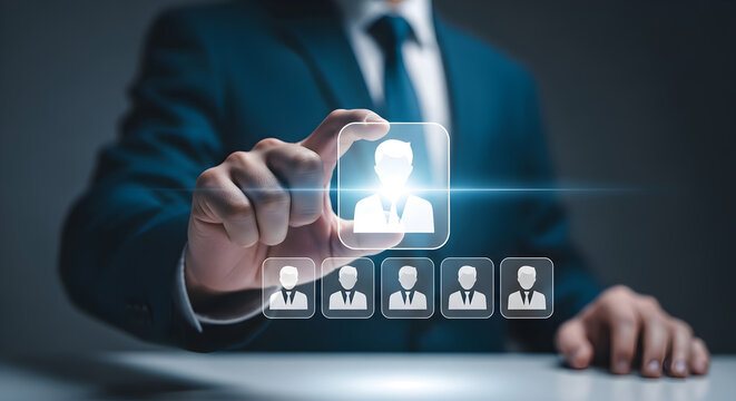 Professional Human Resources Management with businessman selecting a digital talent icon from a row of candidates for recruitment agencies and corporate leadership presentations.