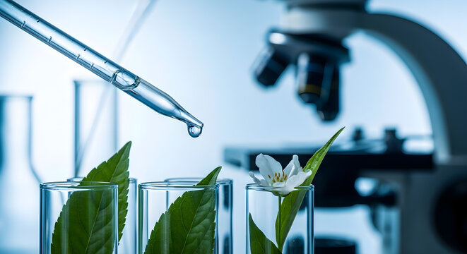 Scientific research on plant biotechnology featuring a pipette dripping liquid into test tubes with green leaves and a white flower for pharmaceutical and cosmetic development.