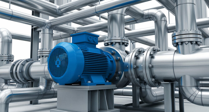 Blue electric motor connected to industrial piping system. Shiny steel pipes and flanges in a modern factory setting. Industrial engineering and mechanical power concept.