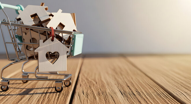 Real Estate Investment Concept featuring miniature wooden houses inside a shopping cart on a wooden table, ideal for property market and home buying advertisements.