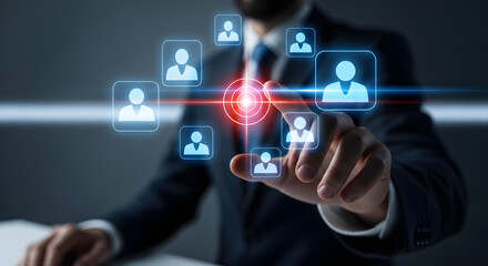 Fototapeta premium Strategic Recruitment Concept with Businessman Touching Digital Target Interface for HR Marketing and Corporate Talent Acquisition.