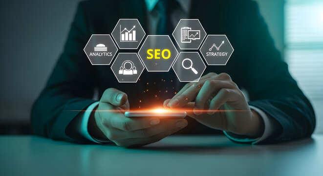 Professional SEO Optimization Concept featuring a businessman using a smartphone with digital marketing icons overlay ideal for digital agency websites and business technology presentations.