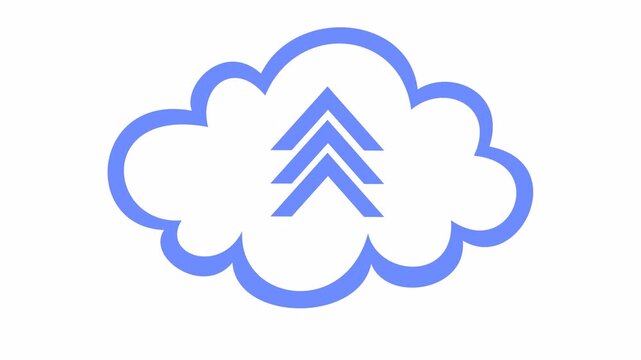 High-speed cloud upload icon with green and blue chevron arrows in a cartoon animation. Cloud computing outline symbol for fast data transfer and synchronization element concept.