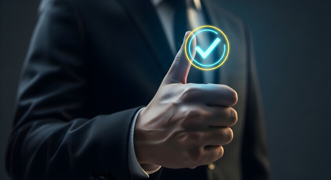 Successful Business Approval Close-up of a Businessman Giving a Thumbs Up with a Glowing Neon Checkmark Icon for Corporate Quality Assurance and Customer Satisfaction Marketing.