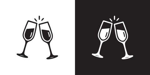 Minimalist Champagne Toast Icon with Clinking Flutes and Splash Lines in Black and White © Arolicon