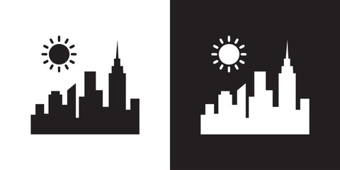 Obraz premium Minimalist City Skyline Silhouette with Sun and Spire in Black and White