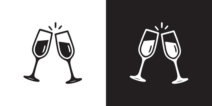 Minimalist Champagne Toast Icon with Clinking Flutes and Splash Lines in Black and White