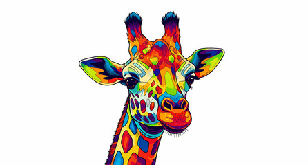 Colorful giraffe head illustration in vibrant pop art style. Abstract multi-color wildlife portrait on a white background. Modern animal art concept for creative design and decor.