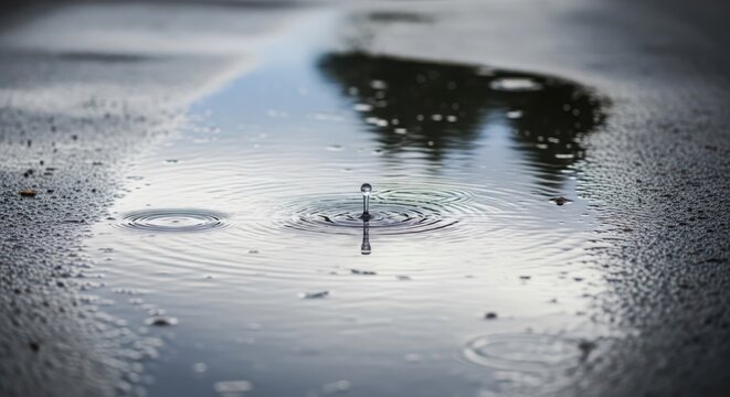A single water drop creates ripples in a reflective puddle during a spring rain shower