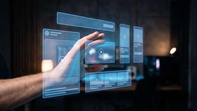 Hand interacting with a futuristic holographic user interface displaying various windows of information and media