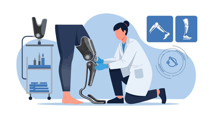 Fototapeta premium Prosthetist fitting advanced robotic prosthetic leg on patient, modern medical technology