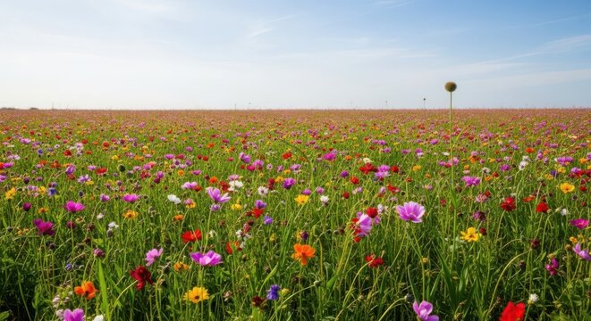 Vast Spring Meadow Abloom with Diverse Wildflowers Under a Clear Blue Sky