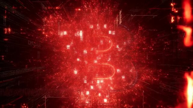 Slow motion zooming shot of bitcoin symbol disintegrating into particles inside digital network realm