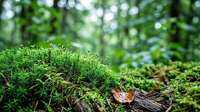 Green moss and leaf on forest ground for outdoor lifestyle brands and nature documentaries