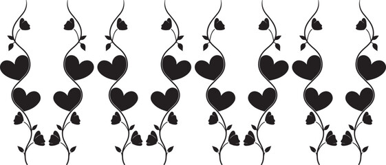Hand drawn black silhouette of heart vine border pattern with floral leaves and climbing stems, romantic decorative element for greeting card, vector © Parves