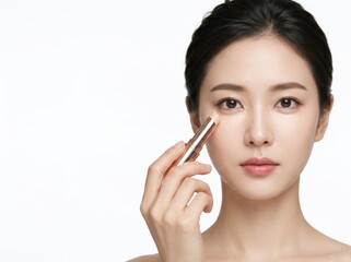 Fototapeta premium A woman applying makeup, highlighting skincare routine, with a focused expression, minimalistic style.