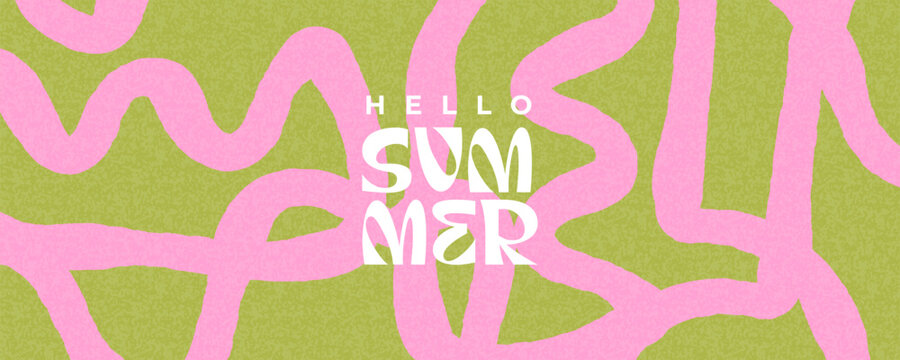 Summer horizontal abstract background with bright pink hand drawn lines on green. Modern art minimalist style design template for sales, horizontal poster, header, cover, social media, fashion ads